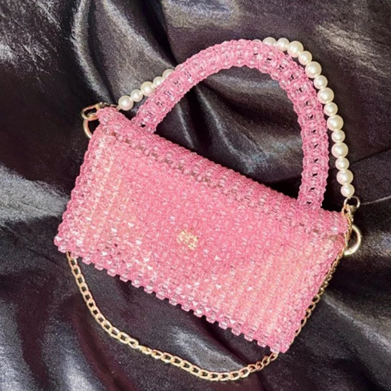 

New Acrylic Bead Handmade Women's Small Square Bag Fashionable Chain Single Shoulder Ladies Handbag Customizable Logo Bags