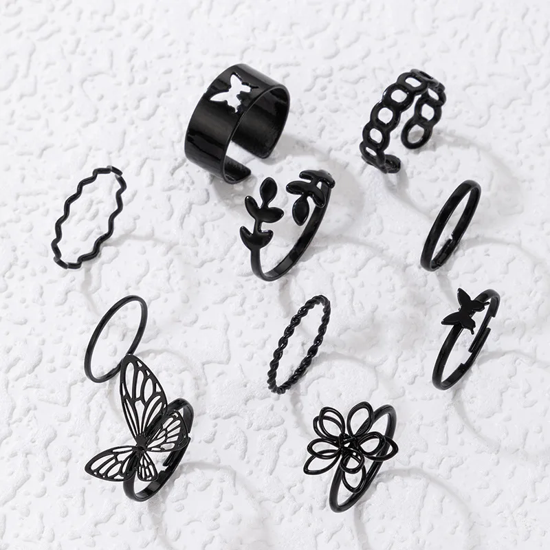 Fashion Punk 10Pcs Black Hollow Butterfly Flower Rings Set For Women Temperament Simple Aesthetic Finger Ring Goth Party Jewelry