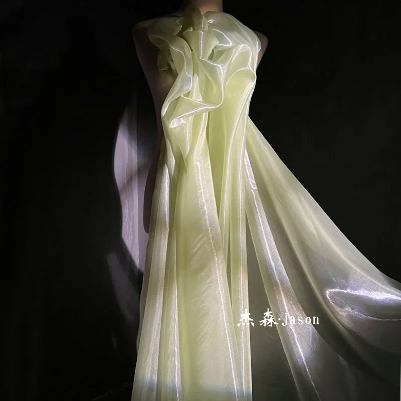 Green Water Light Liquid High Gloss Divine Fabric Reflective Mesh Transparent Glossy Hanfu Dress Mesh Designer Fabrics