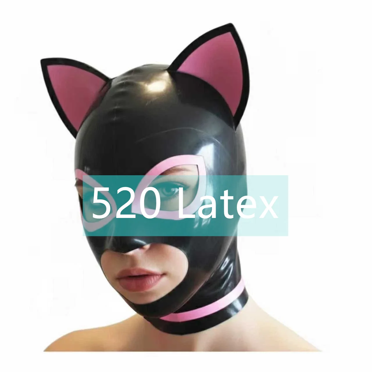 

Handmade Fetish Latex Hood Masks Unisex Rubber Cat Ears Hoods Black Mask with Bady Pink Deco Halloween Headgear Back Zipper
