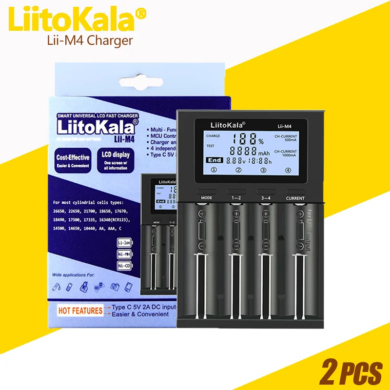 

2PCS LiitoKala Lii-M4 Lii-M4S 18650 Smart Charger LCD Display for 26650 21700 32650 20700 21700 16340 AA AAA battery/5V 2A USB