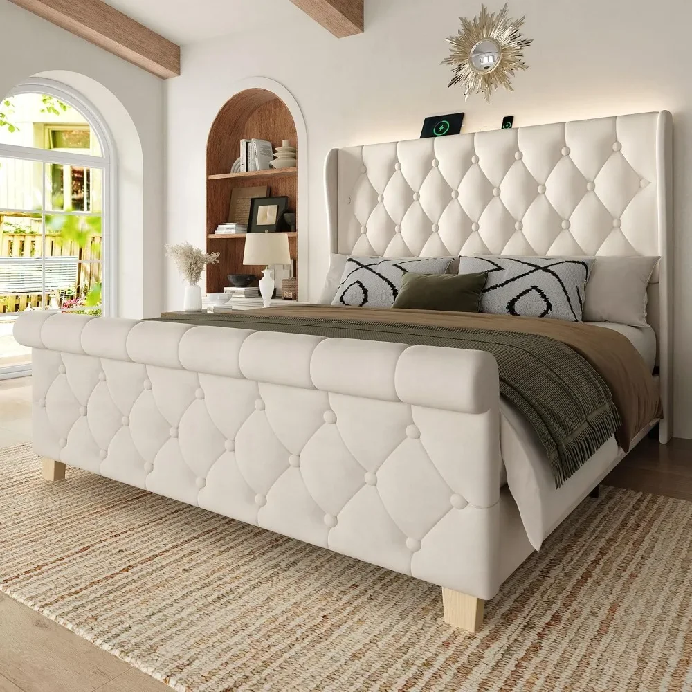 Queen Size Velvet Platform Bed Frame,Headboard,LED Lights & Charging Station,Wood Structure, Custom