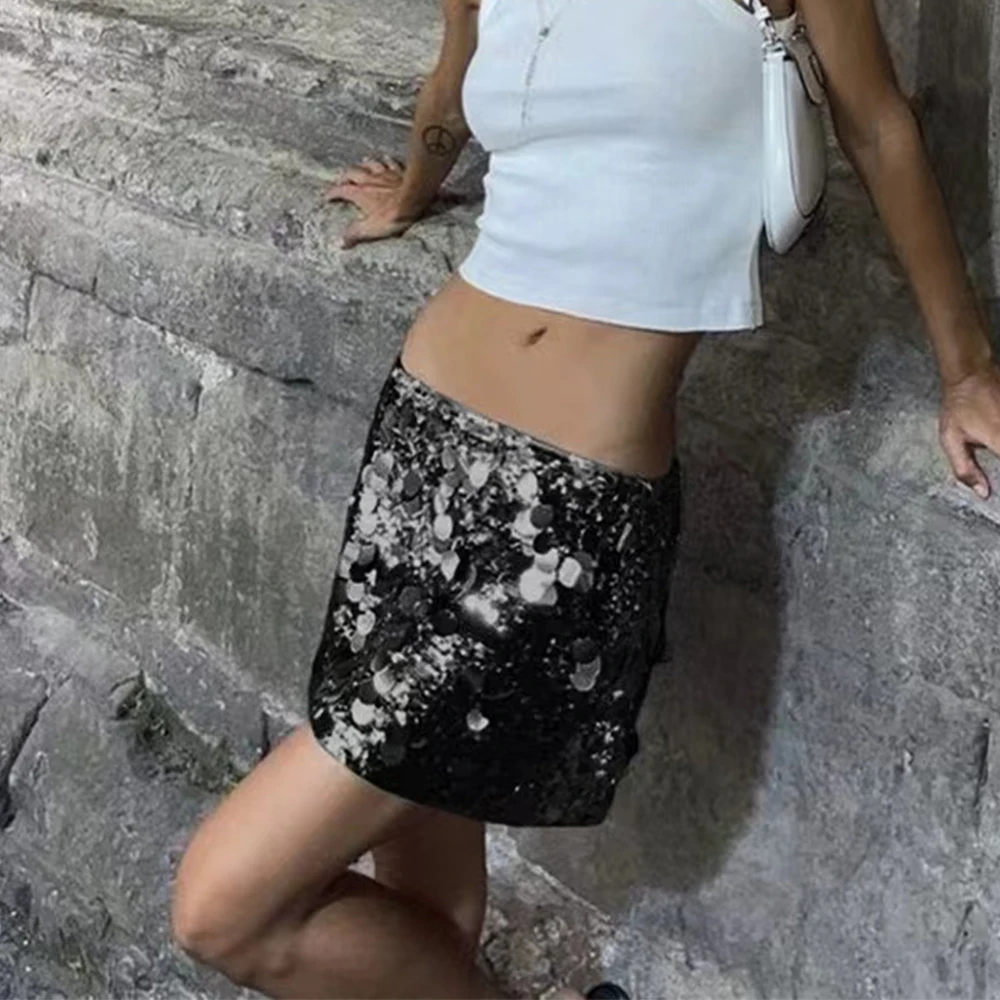 

Women Vintage y2k Shiny Sequins Mini Skirts Summer Sexy Low Waist Elastic Bodycon Skirts Beach Party Club Glitters Short Skirts