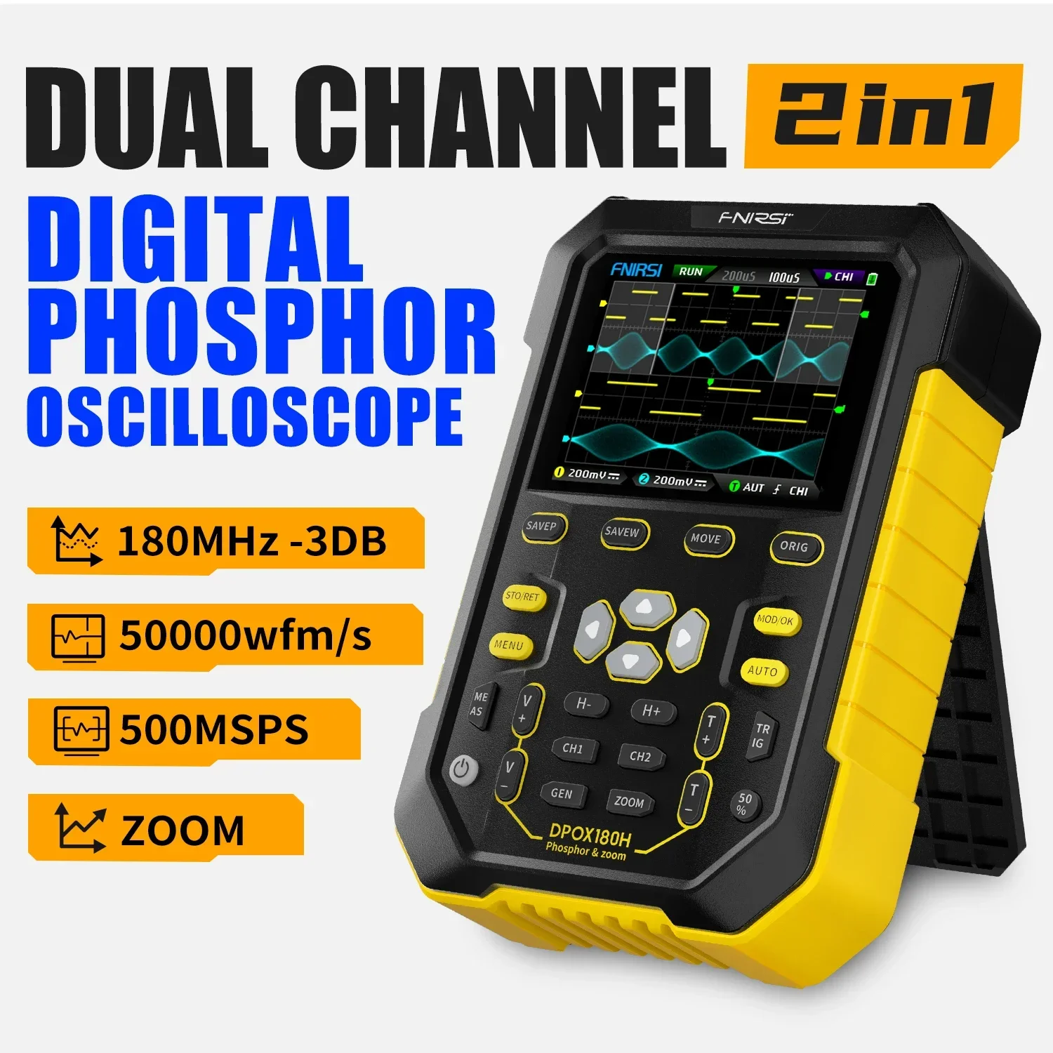 FNIRSI NEW DPOX180H Pro 2-In-1 Handheld Digital Oscilloscope with 2-Channel Fluorescence Display, 180MHz-3DB, 50000wfm/s