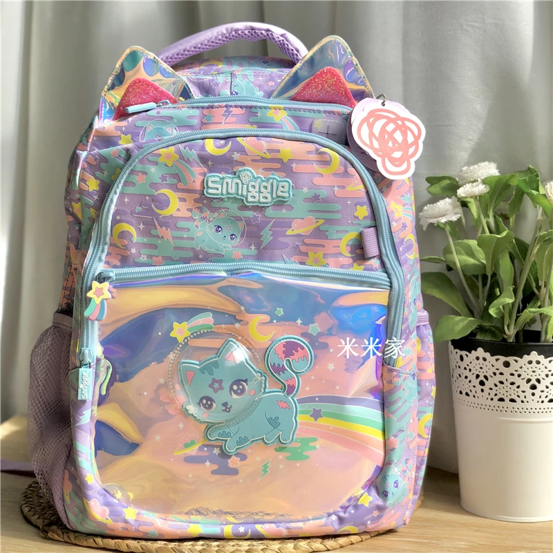 Genuine Australia Smiggle Children's Shoulder Lightweight Backpack Laser Space Cat Cartoon Student Large Backpack Durable