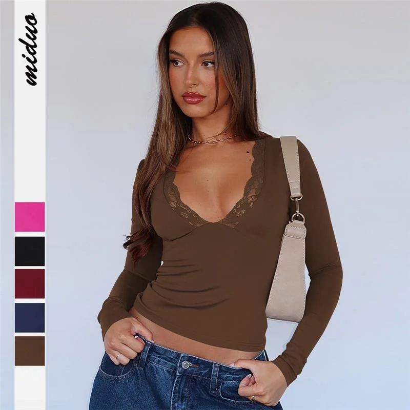 

Faionable V-образный вырез с кружевной отделкой, облегающий топ, осенняя женская футболка, трансграничный топ Bell Sve