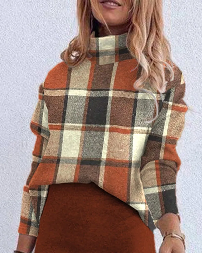 Plaid Print 2 Piece Set Autumn Fashion Half High Collar Long Sleeved Pullover Top Lace Up Skirt Suit Casual Women Clothing