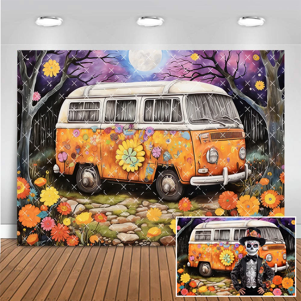 

Groovy Halloween Night Background Orange Flower Bus Decor Photo Banner Studio Props Kids Cake Smash Photography Backdrop
