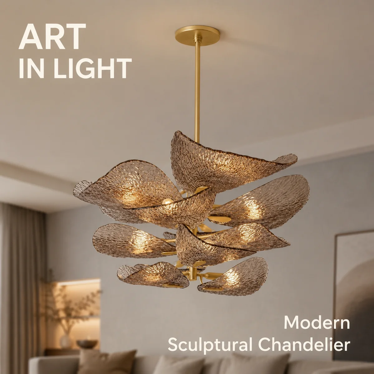 RUIWEN Chic Light Luxury Pendant Light Textured Art Glass Brushed Brass 3 Color Dimmable Living Room Dining Room
