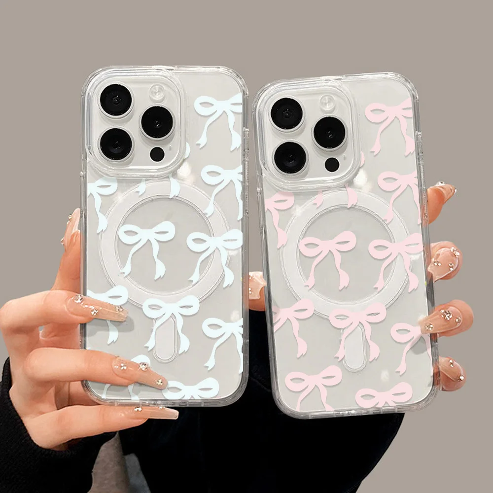 

Cute Bow Clear For Magsafe Magnetic Wireless Charging Case For Samsung S25 Ultra S24 FE A56 A55 A16 A26 A54 A36 Shockproof Cover