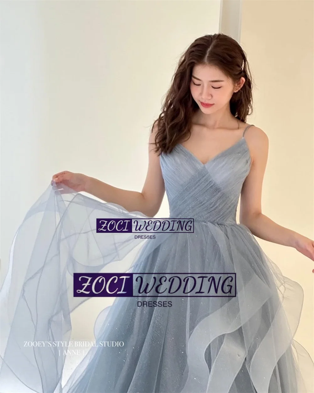 Zoci Elegant Blue Grey Korea Evening Dress Spaghetti Strap V Neck Wedding PhotoShoot Dress Customized Ruched Layered Bride Dress