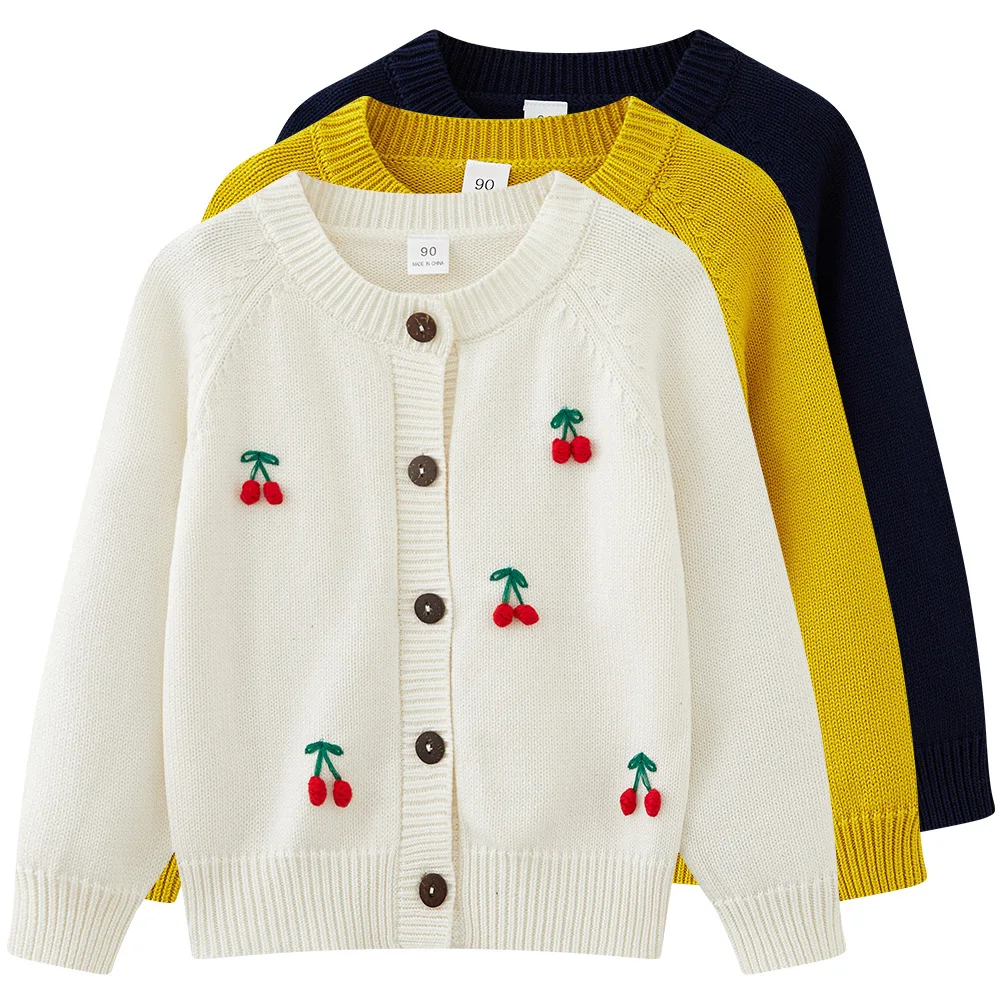 2024 Spring/Autumn Hand Hook Cherry Kids Sweater Coat Girls Knit Cardigan