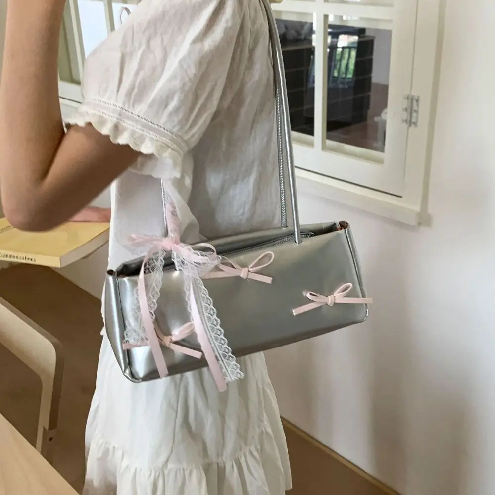 

Portable Sweet French Stick Handbag Y2K Ribbon Bow Lace Shoulder Bag High Quality PU Leather Women Armpit Bag School