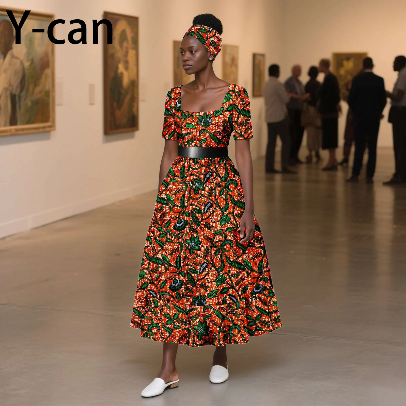 Ankara Fashion Square Collar Short Sleeve Dashiki Print Dress with Headwrap Elegant Lady Dresses African Style 2525102 - view 4