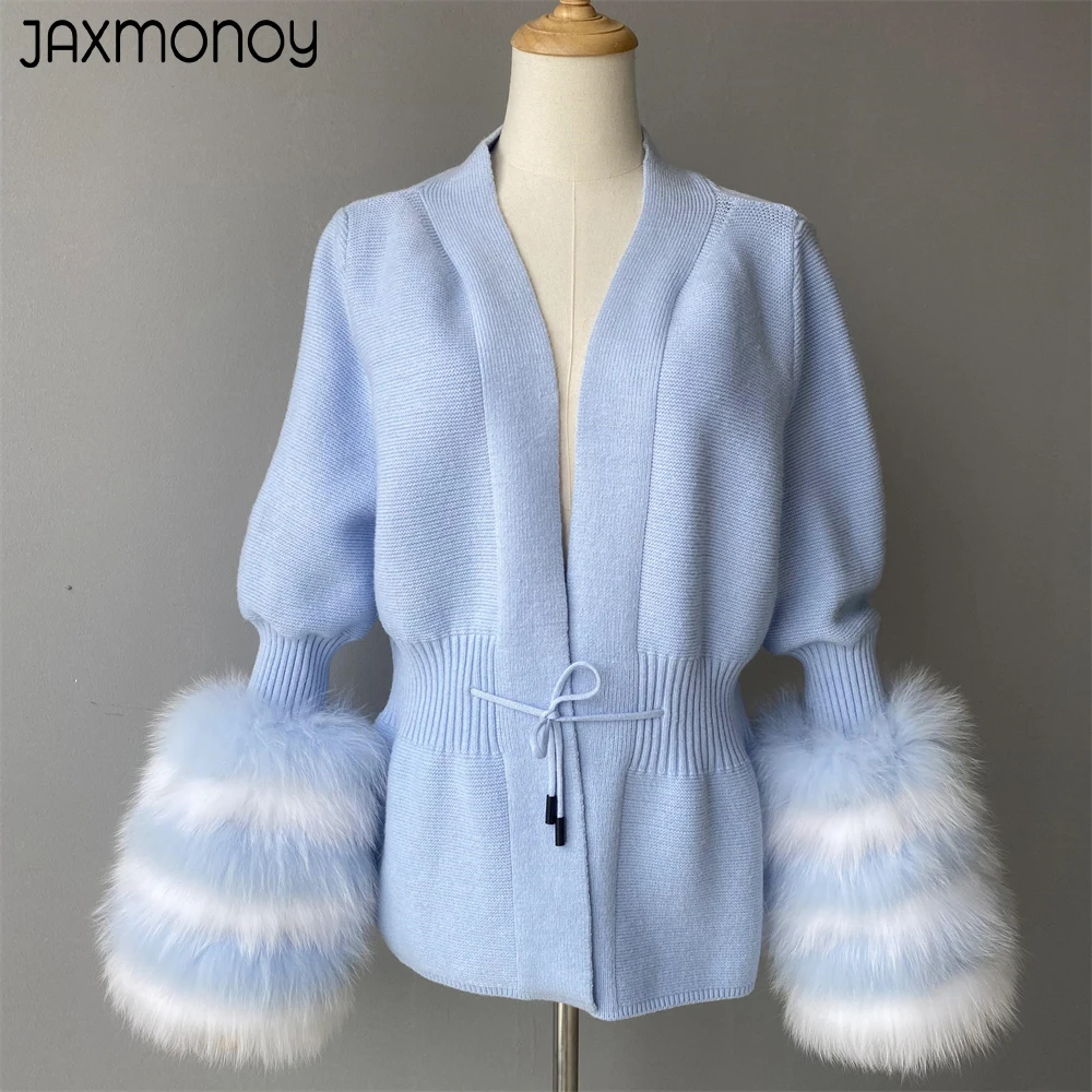 Jaxmonoy Cashmere Cardigan With Real Fox Fur Cuffs Ladies Spring Full Sleeves Belt Slim Knitted Sweater Coat Autumn Outerwear