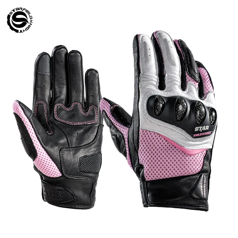 sfk-pink-women's-motorcycle-riding-gloves-summer-mesh-breathable-real-goat-leather-carbon-fiber-joint-protection-wear-resistant