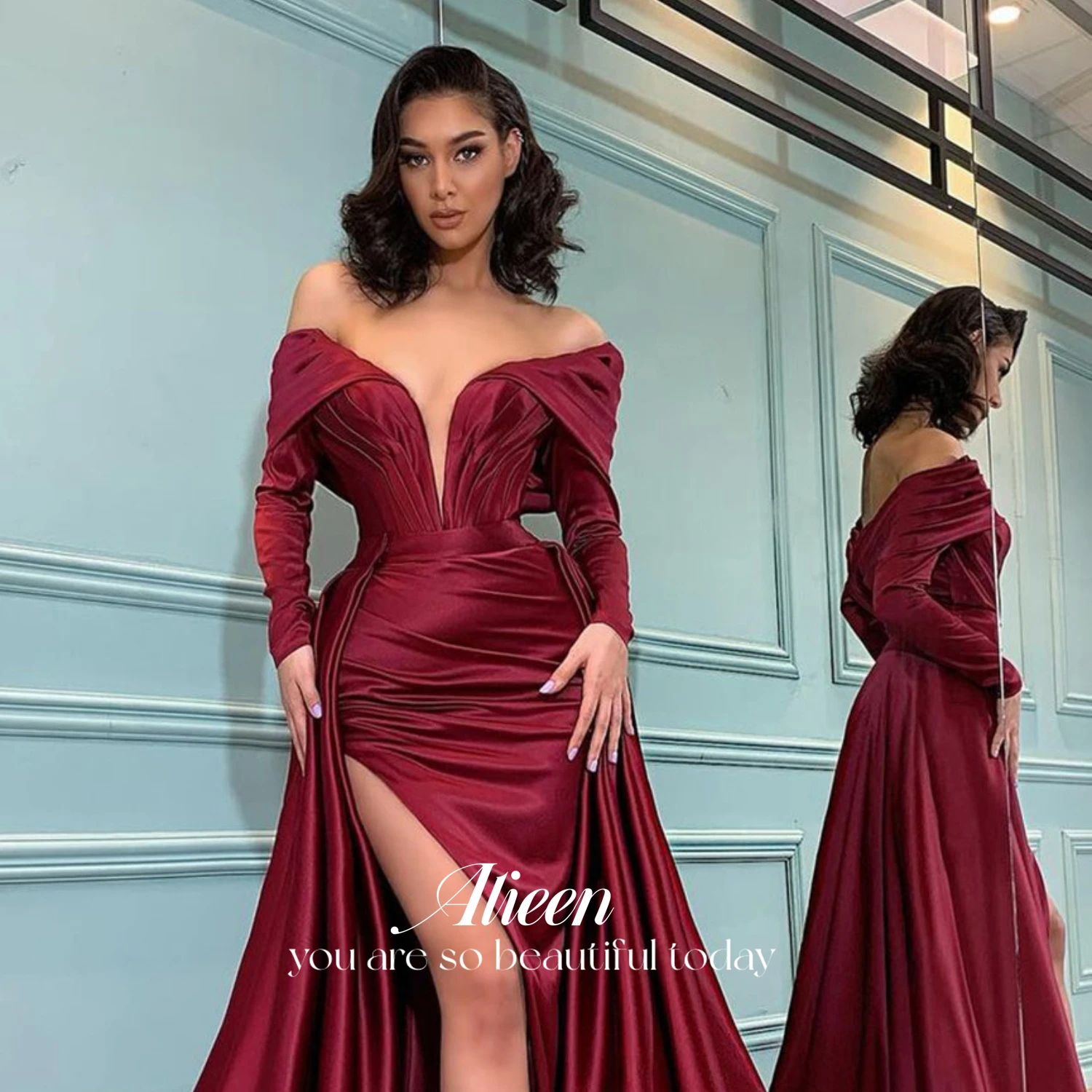 

Aileen Evening Dress Gala Dresses Woman 2024 for Party Dress Women Elegant Luxury Sexy Grace Mermaid Slit Deep Red Satin Prom