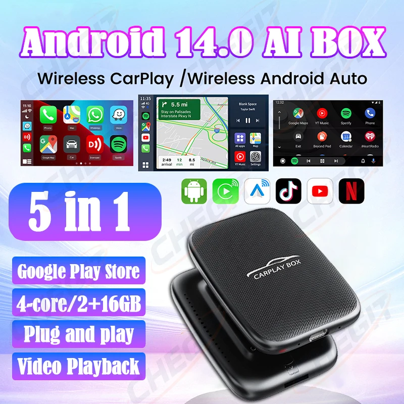 جديد 5 في 1 Android 14.0 CarPlay AI Box Wireless CarPlay Android Auto محول WIFI2.4 FOTA ترقية لجوجل يوتيوب Netflix #1
