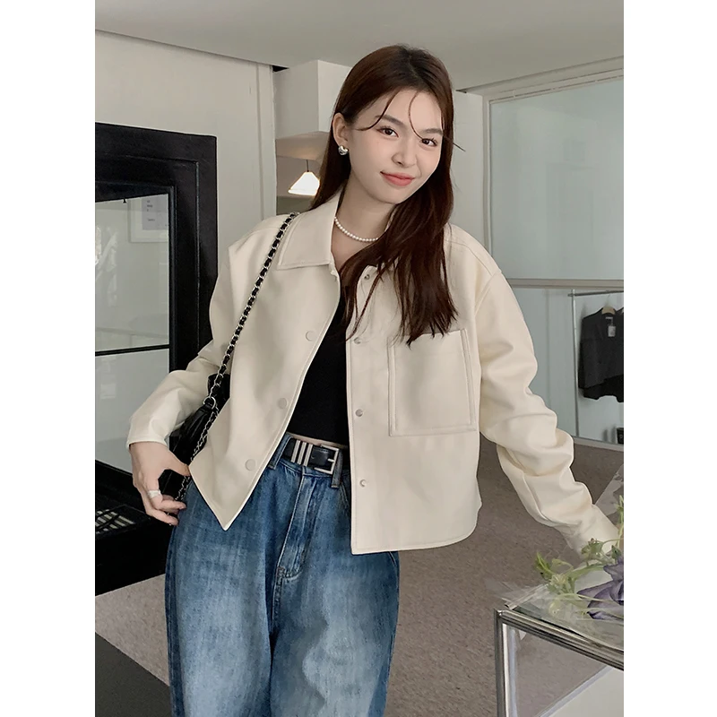 

Leather Jacket Female Autumn and Winter 2023 Korean Solid Color Turndown Collar Single-breasted Long Sleeve Loose Jacket Coat