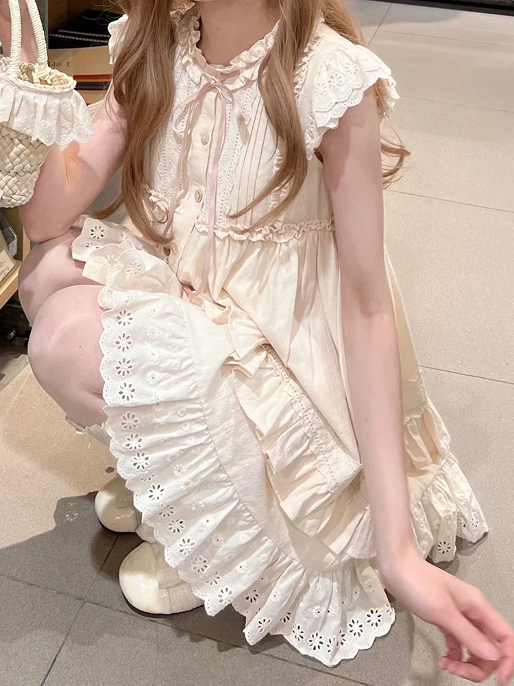 Mini abiti estivi Lolita Kawaii da donna con maniche volanti, dolce e carino giapponese, abito da festa da fata increspato in stile coreano femminile