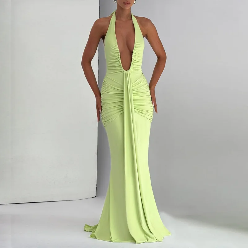 2025 New Deep V Neck Backless Ruched Sexy Maxi Dress Women Gown Summer Halter Sleeveless Draped Club Party Long Dress  Slim