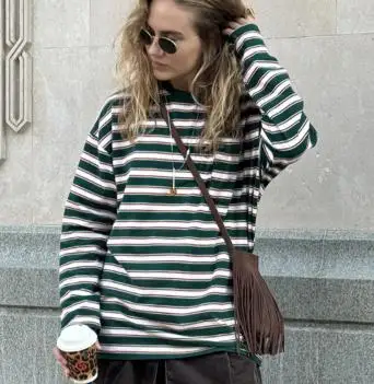

Women's T-Shirt Autumn Contrasting Striped T-Shirt New Lazy Style Loose Fit Versatile Round Neck Long Sleeved Top