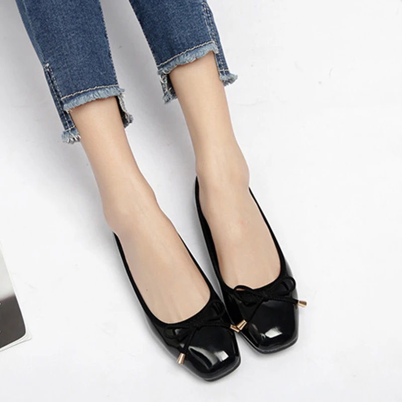 Comemore Leather Women Solid Ballerina Flats Plus Size 35-41 Office Shoes Ladies Black Espadrilles Square Toe Bow-knot Moccasins