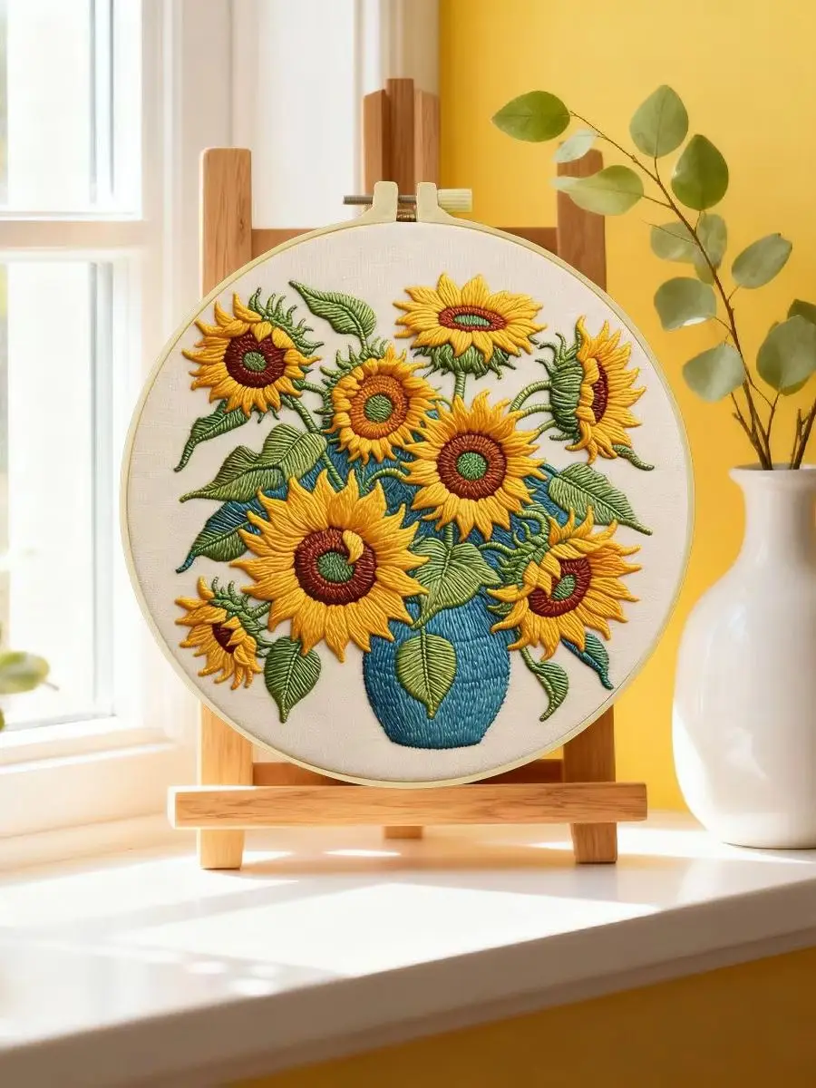 1 Stück 20X20CM/15X15CM 7,87/6,3 Zoll Sonnenblumen-Vase Stickerei-Starter-Kit DIY-Kit DIY-Stickerei-Set Handarbeiten Heimdekoration – Detail 6