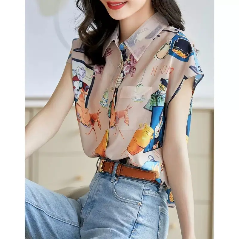 Women's Turn-down Collar Summer Chiffon Button Cardigan Short Sleeve Geometric Printing Pockets Abstract Shirt Flattering Tops