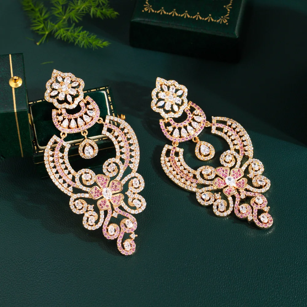 CWWZircons Luxury Statement Pink Red Cubic Zircon Long Big Earrings for Women Vintage Ethinc Wedding Bridal Party Jewelry CZ685