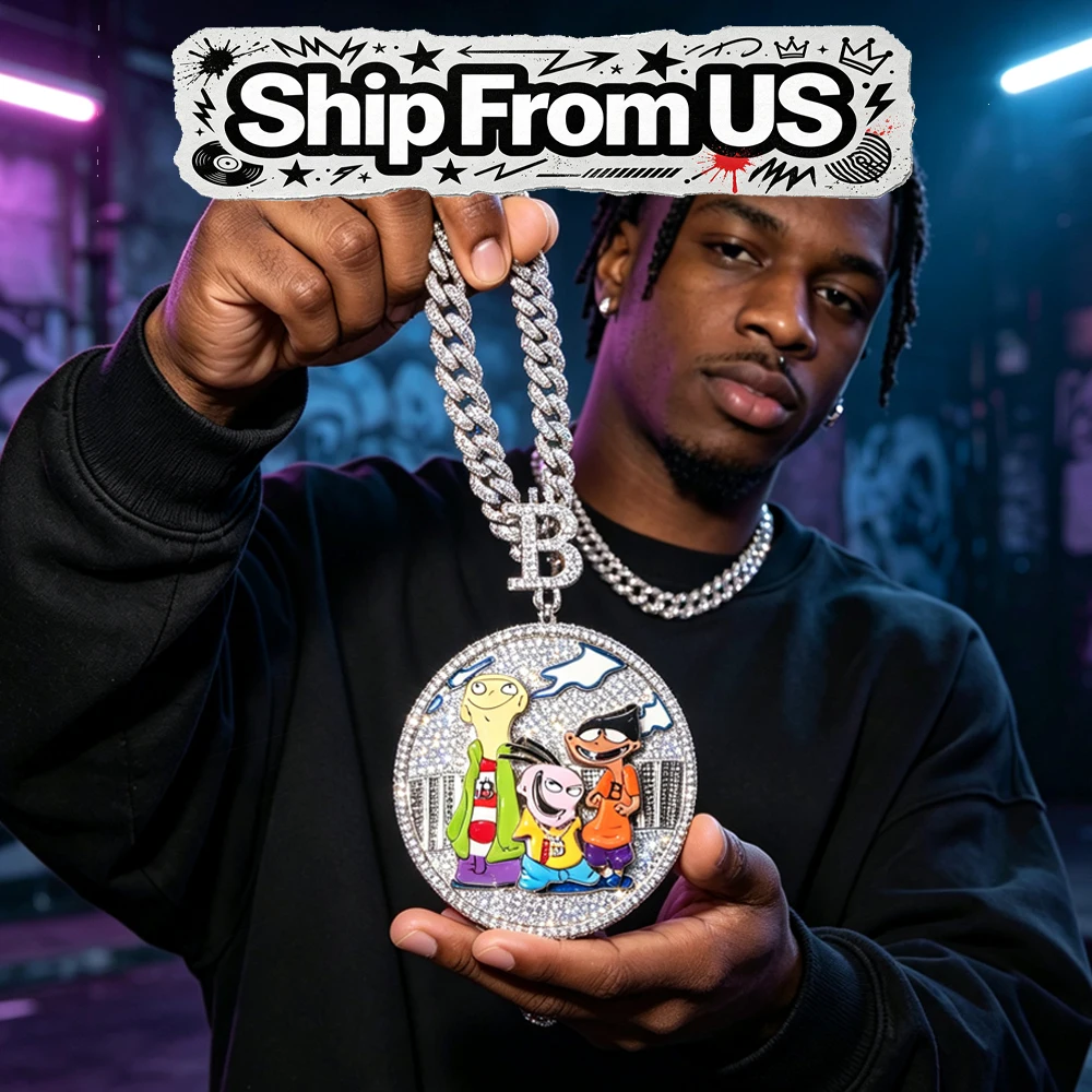 18K Gold Plated Iced Out Cartoon Character Round Pendant Cubic Zirconia Cuban Chain Hip Hop Enamel Cartoon Charm Bling Rapper Streetwear Jewelry Club Party Fine Jewelry Gifts for Men Boy Friends CZ Covered with Diamonds Men's Statement Necklace Accessory