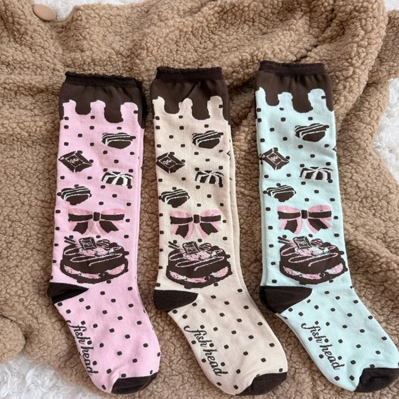 Oryginalne skarpetki do połowy łydki Qiaoqiao Cake, skarpetki bawełniane z motywem ciasteczka czekoladowego, skarpetki LOLITA z koronką, skarpetki damskie do połowy łydki