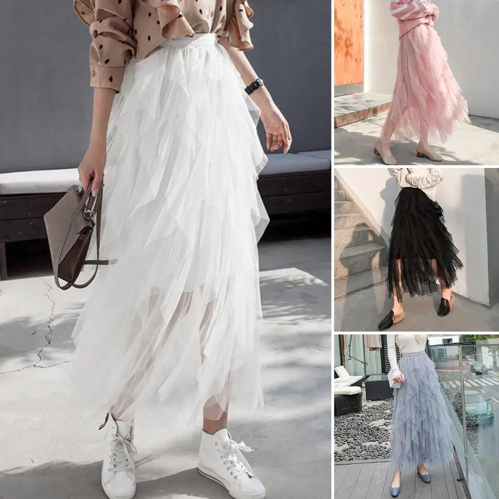 

Elegant Women's High Waist Midi Skirt Mesh Yarn Decor Flowy Hem Versatile Solid Color Cake Skirt for Casual Wear