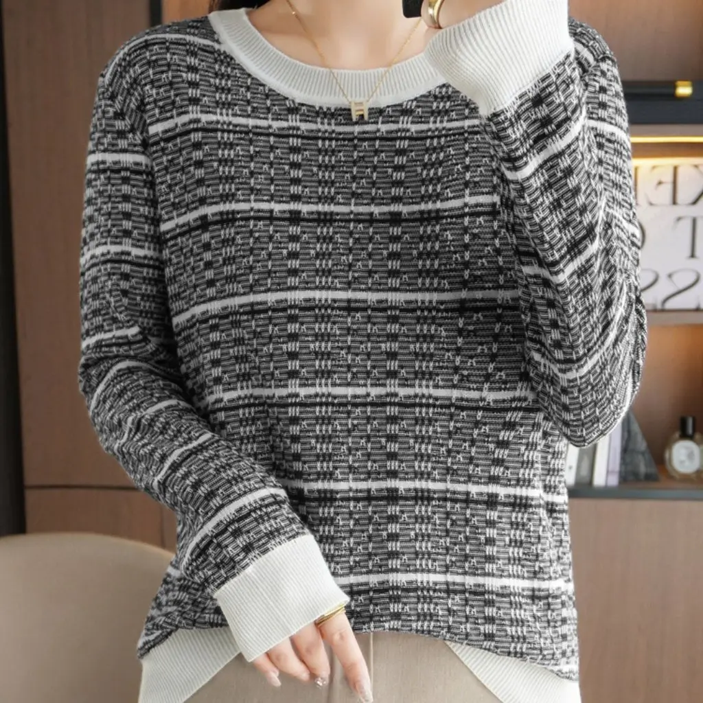 

Women's Autumn Winter Style Knitted Sweater round Neck Long Sleeve Striped Base Layer Outer Wear Cotton