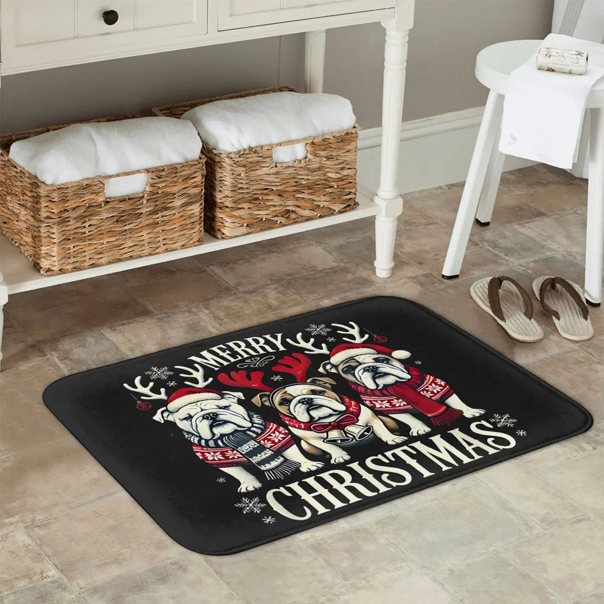 Merry Christmas English Bulldog Dog Santa Reindeer Doormat Kitchen Entrance Home Floor Mat Non-slip Carpet Rug for Footpad Mats