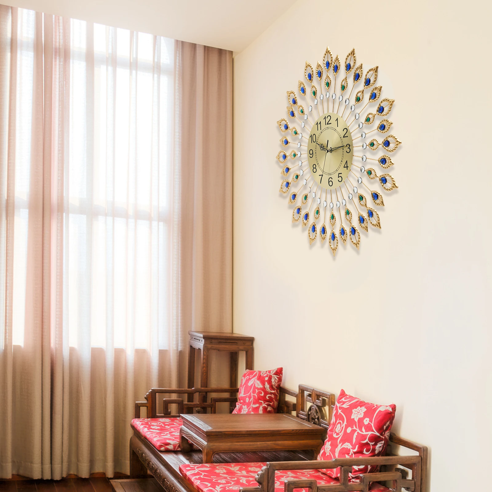 

Очень большие современные настенные часы — золотые металлические круглые часы с акриловыми бриллиантами, бесшумный кварцевый механизм, декоративные часы 26,37 дюйма