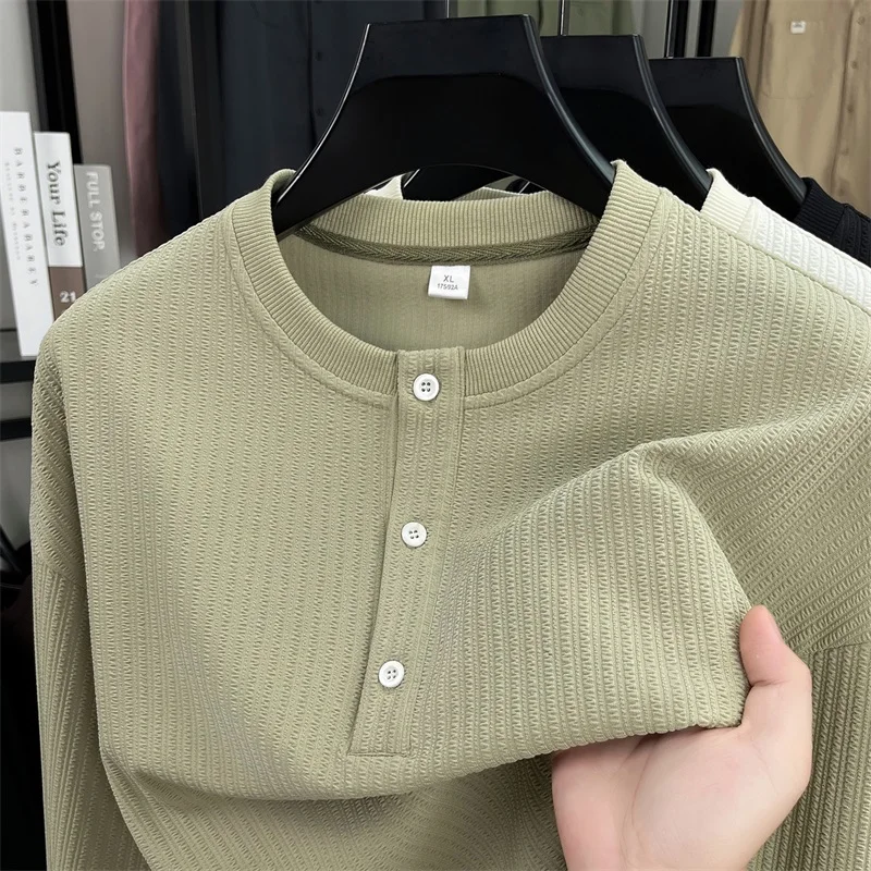 

Высококачественная мужская футболка с длинными рукавами весна - осень 2025 новые модные пуговицы корейский оригинальный дизайн круглый воротник пальто рекреационный трикотаж свитер