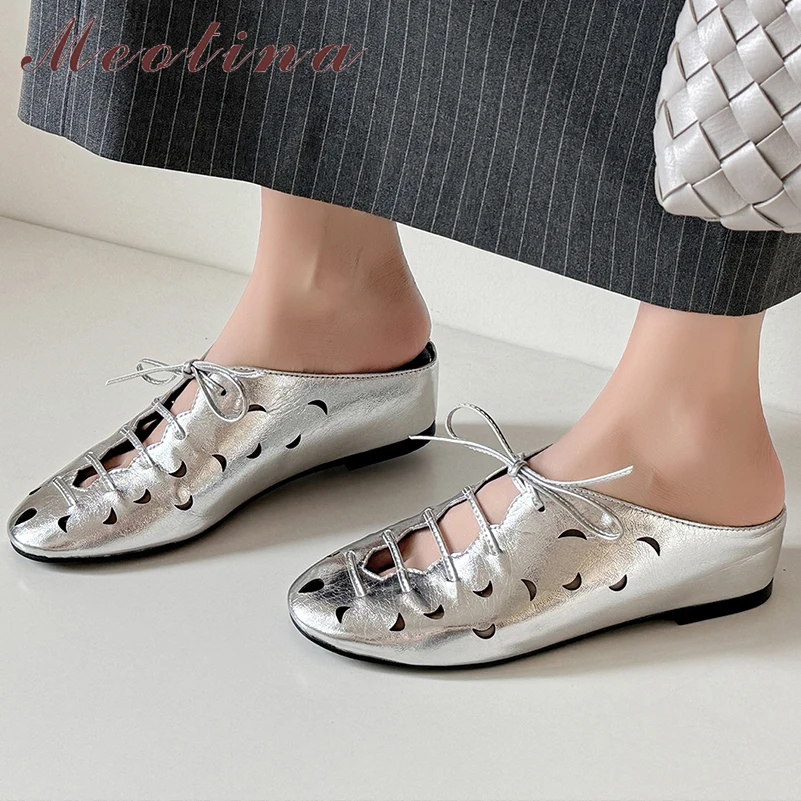 Meotina Women Genuine Leather Mules Pumps Round Toe Wedges Mid Heel Lace-up Concise Ladies Fashion Shoes Spring Autumn Silver 40