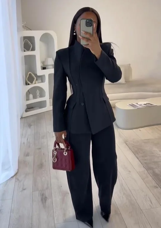 أنيقة السترة فستان أطفال مع سروال داخلي المرأة الصلبة الخامس الرقبة طويلة الأكمام زر معطف واسعة الساق بنطلون 2025 الخريف موضة مكتب ملابس للسيدات