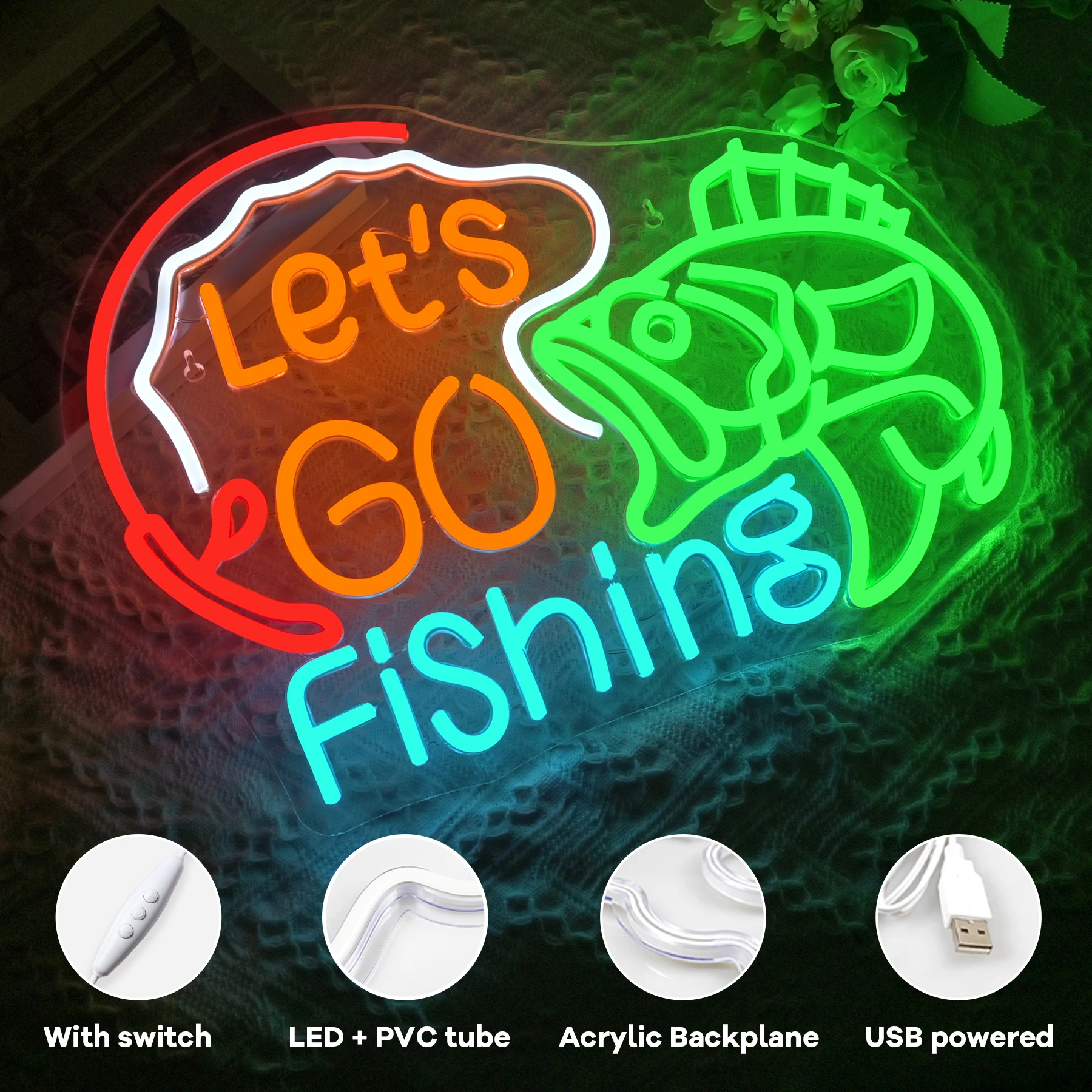 

Neon Sign Let's Go Fishing Dimmable Fish Neon Light Wall Decor USB Powered Fishing Hook Lights for Living Room Man Cave Yacht