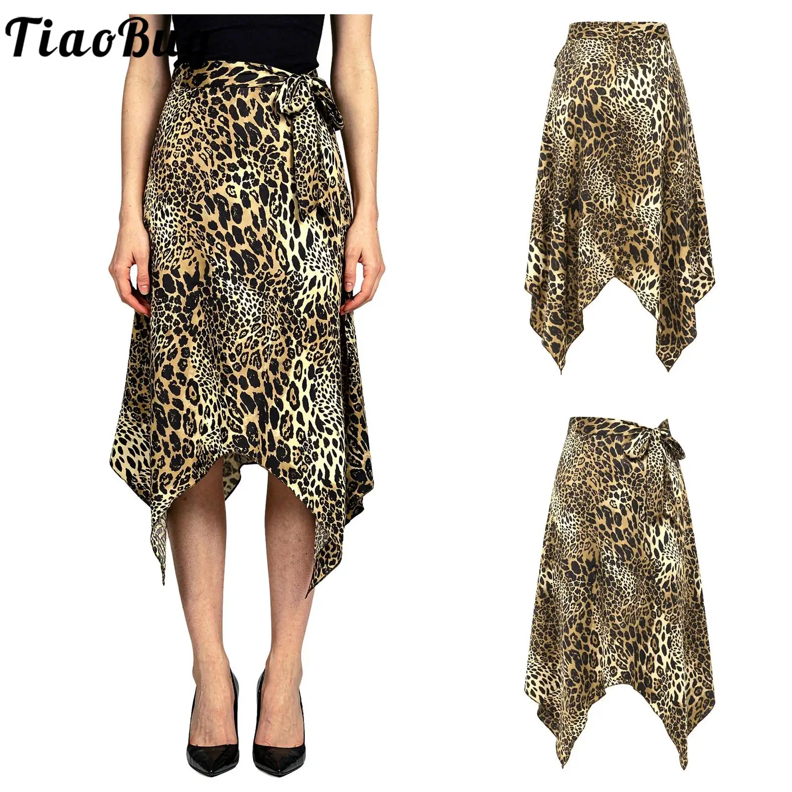 Women Fashion Leopard Print Skirts Back Zipper Irregular Hem Lace-up Belted Skirt for Nightclub Rave Party Music Festival