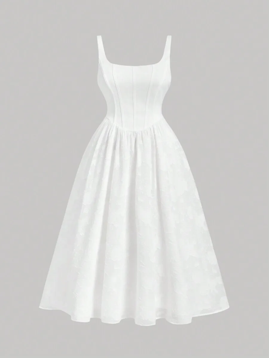 

Белое жаккардовое платье А-силуэта с корсетным лифом и плиссированной юбкой