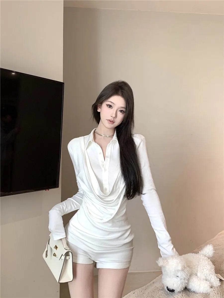 

Women's Long Sve Ne irt Slim Fit Waist Cinched Button Design White Spring Autumn Top Korean Sle Commute Faion