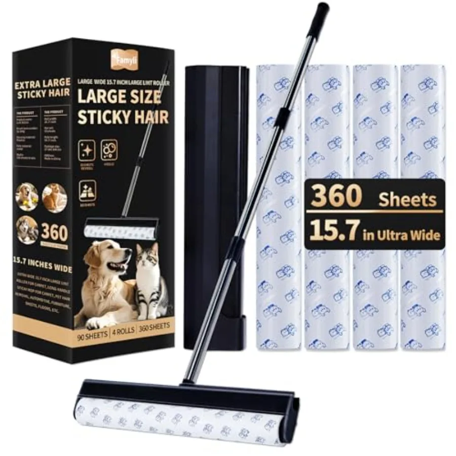 

Большие ролики для удаления ворса с ковров 15,74 дюйма, особо липкие ролики для пола с 4 удлиненными ручками, липкий швабра-ролик с длинной ручкой для уборки