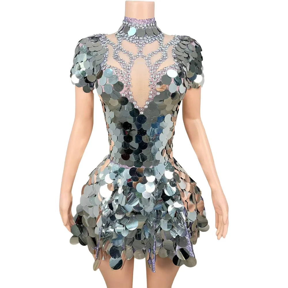 Women Large Sequin Short Sleeve Silver Mini Dress Cutout Mesh Flared Skirt Bodycon Singer Drag Queen Performer Photo Shoot Wear