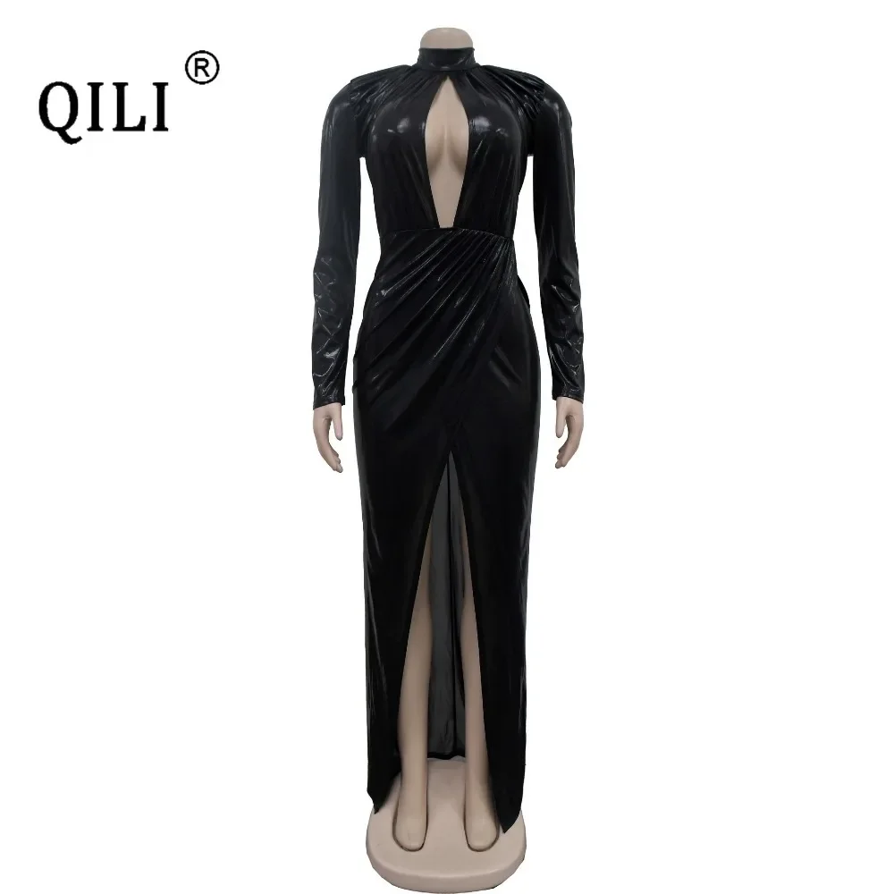 QILI-Hollow Out Fold Dress for Women, Gold Plated, Long Sleeve, Rhinestone, Sexy, Monochrome