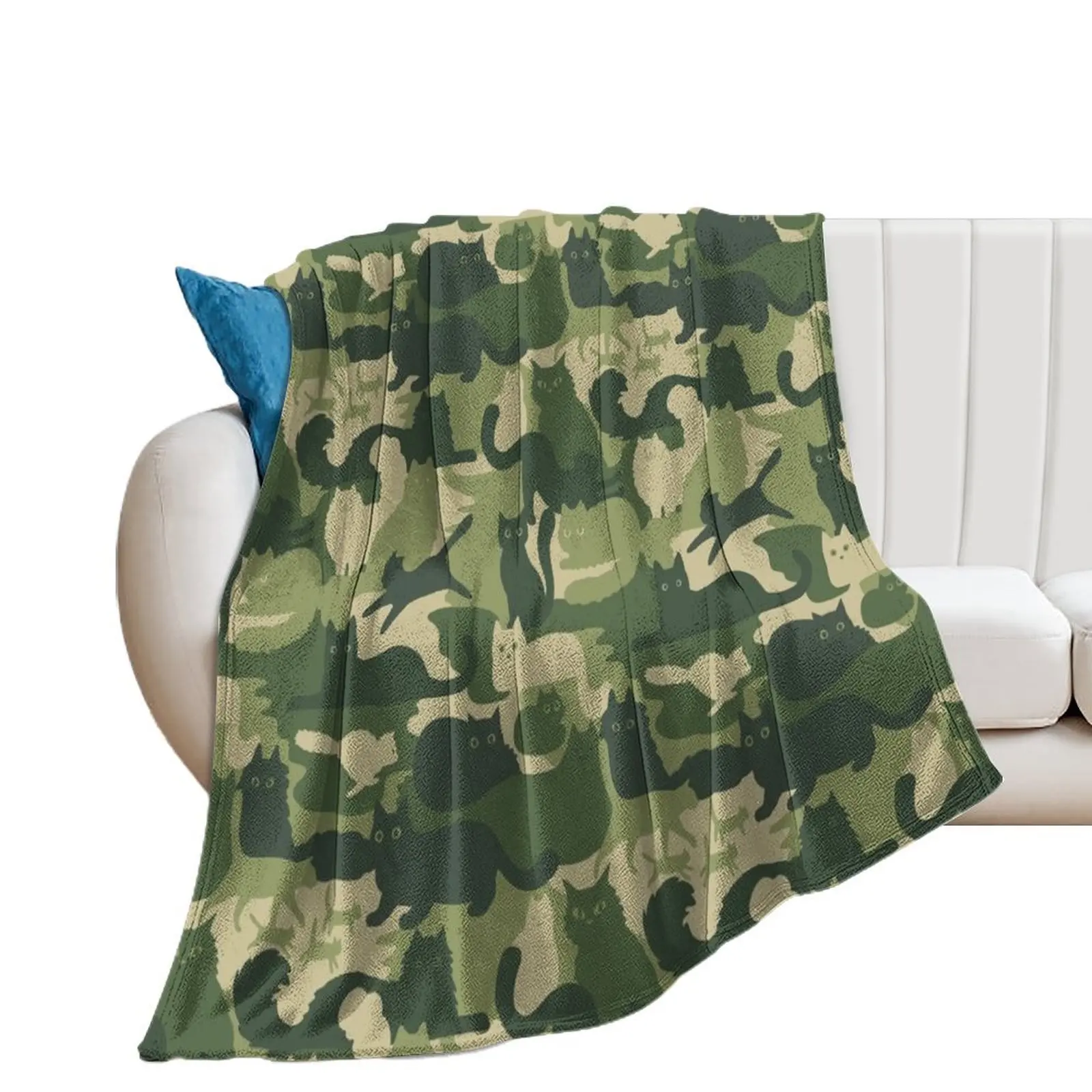 Camouflage Pattern with Cats | Green Cat Camo Throw Blanket Thin Extra Large Throw For Decorative Sofa Luxury Thicken Blankets