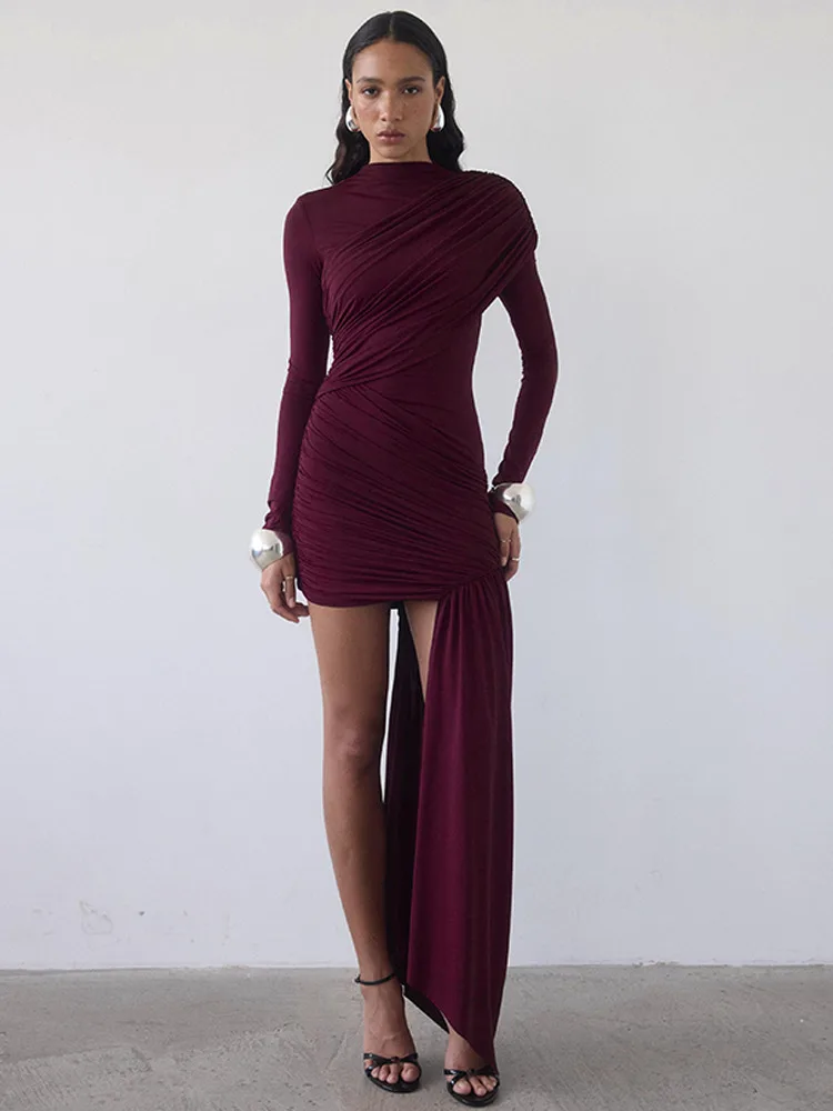 Absobe Women Elegant Ruched Mini Dress O-Neck Long Sleeve Draped Ribbon Bodycon Prom Party Evening Dresses Sexy Party Outfit