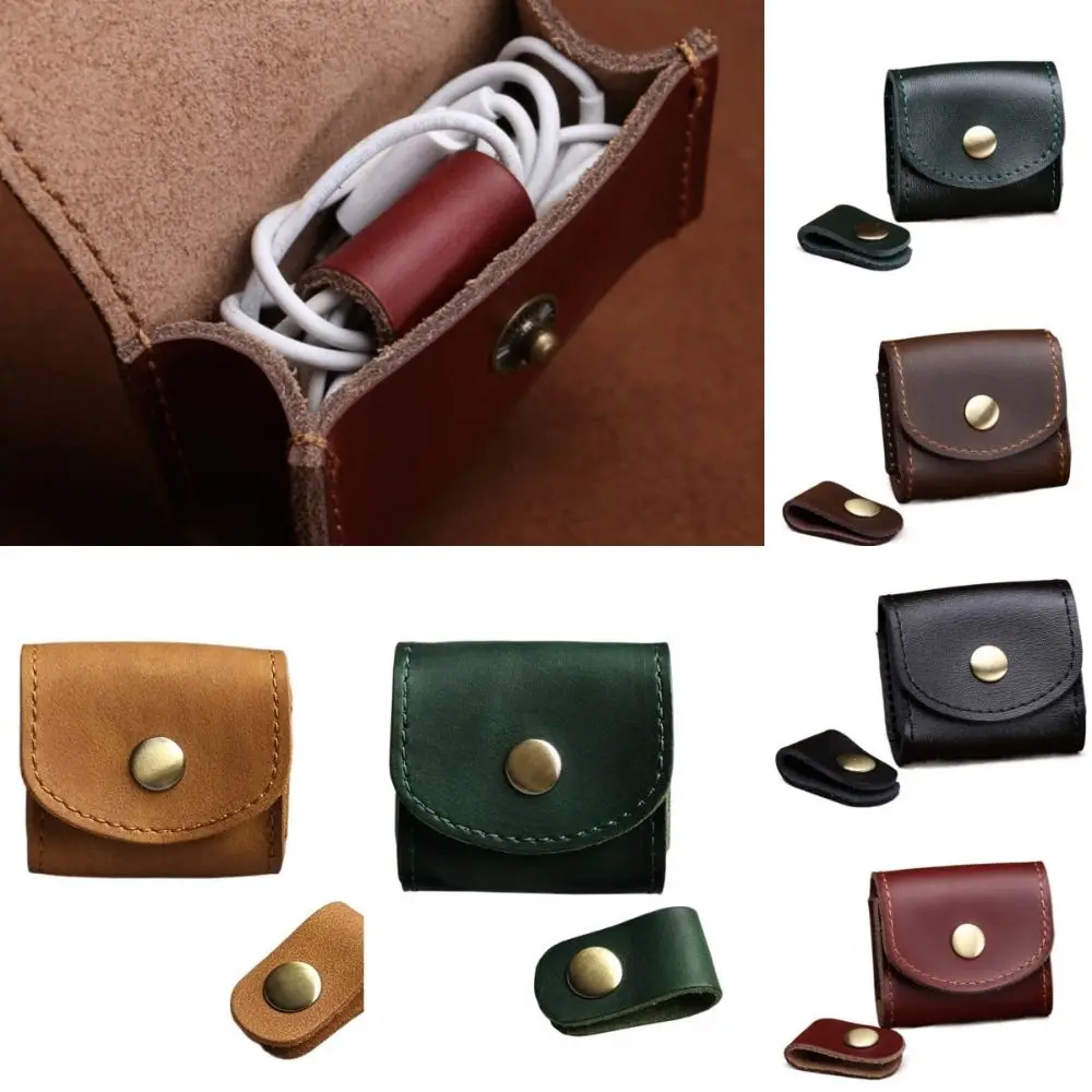 

Mini Leather Data Cable Storage Box Portable Waterproof Solid Color Headphone Bag Headphone Bag Coin Purse Leather Wallet Male