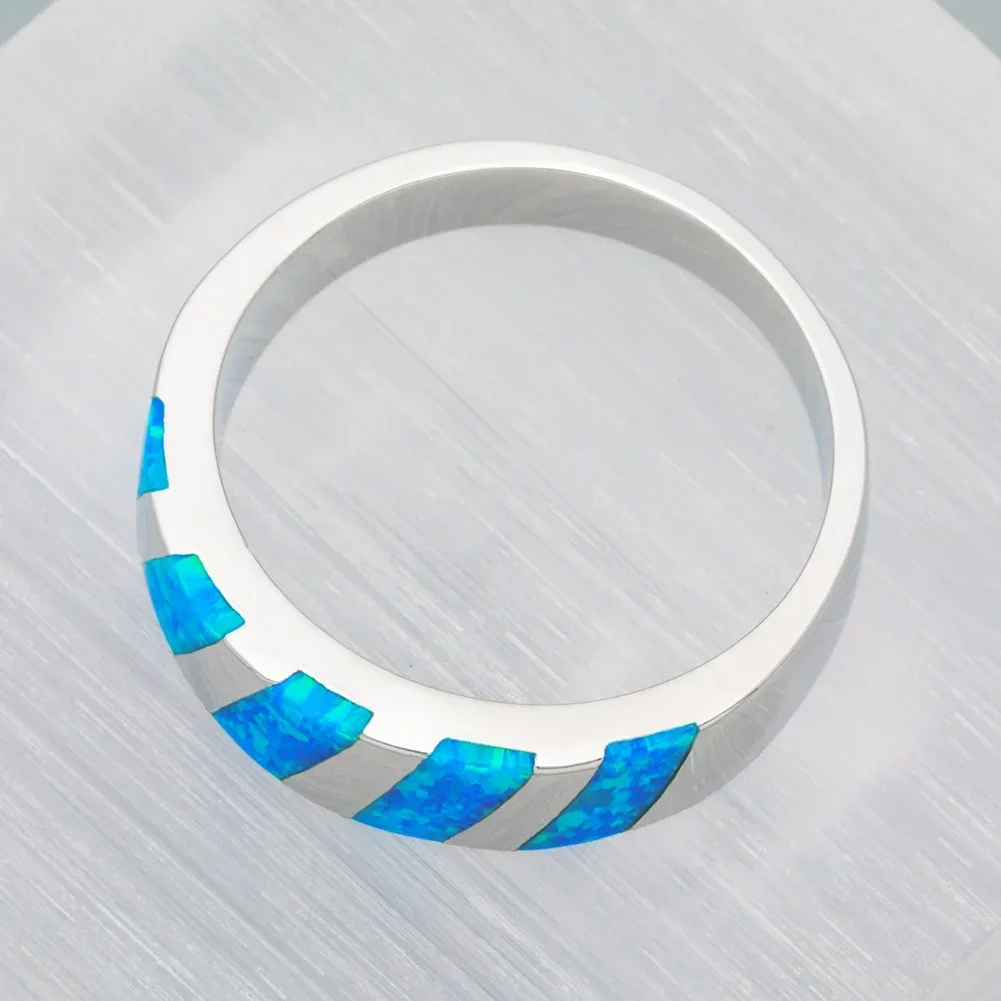 KONGMOON Diagonal Stripes Ocean Blue Fire Opal Silver-Plated Jewelry Women Band Ring US Size 6 7 8 9 10